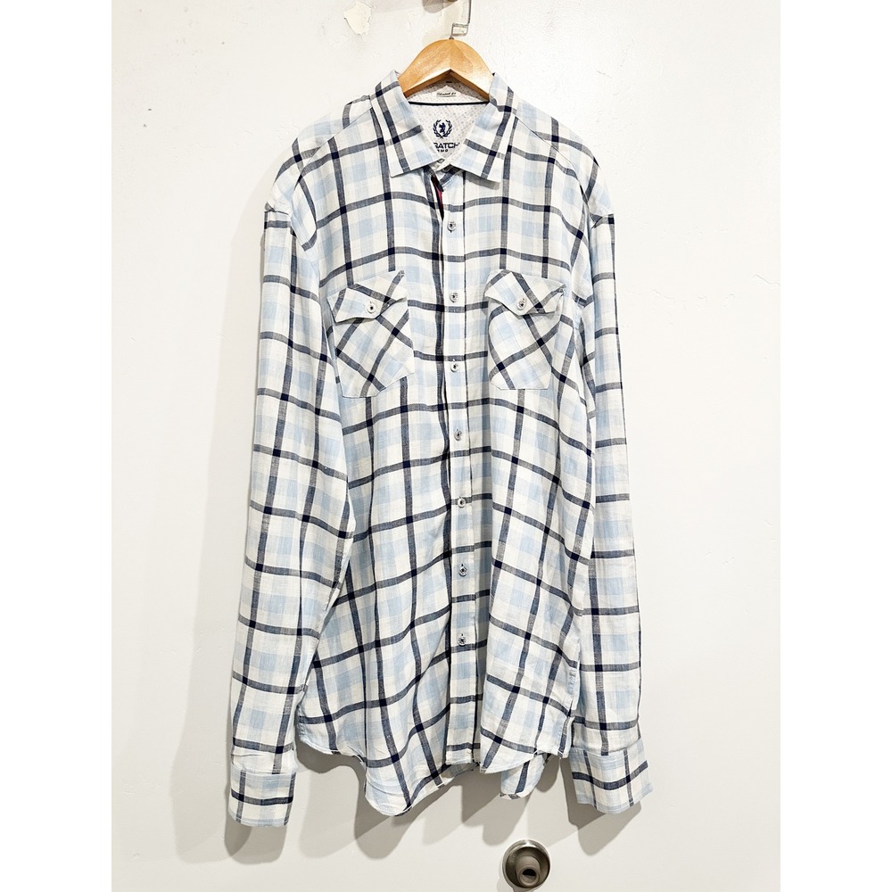 Bugatchi Shaped Fit Blue Plaid Linen Button Down Size XL - Picture 1 of 9